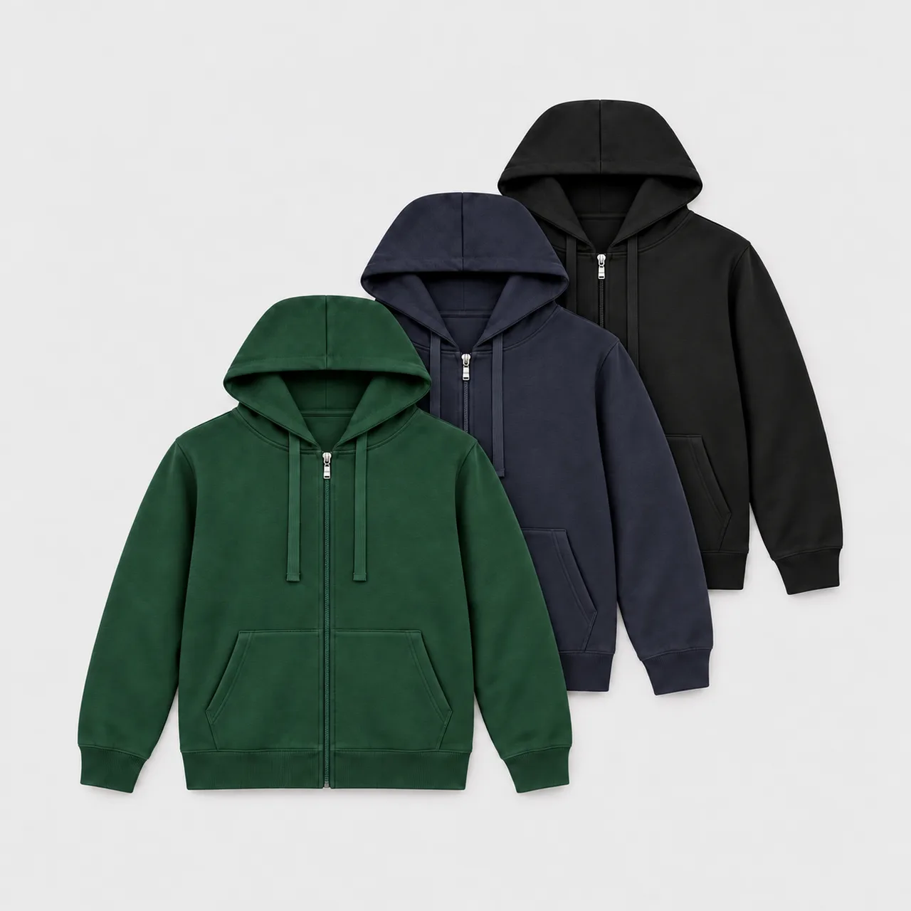 Light zip-up hoodies in khaki, navy and black