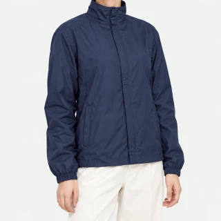 Front view of a model wearing a navy basic windbreaker