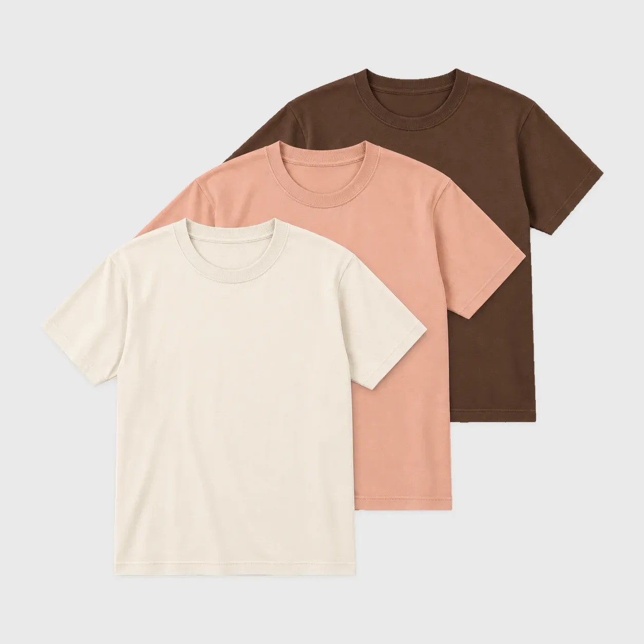 Ivory, coral and brown heavyweight t-shirts layered together
