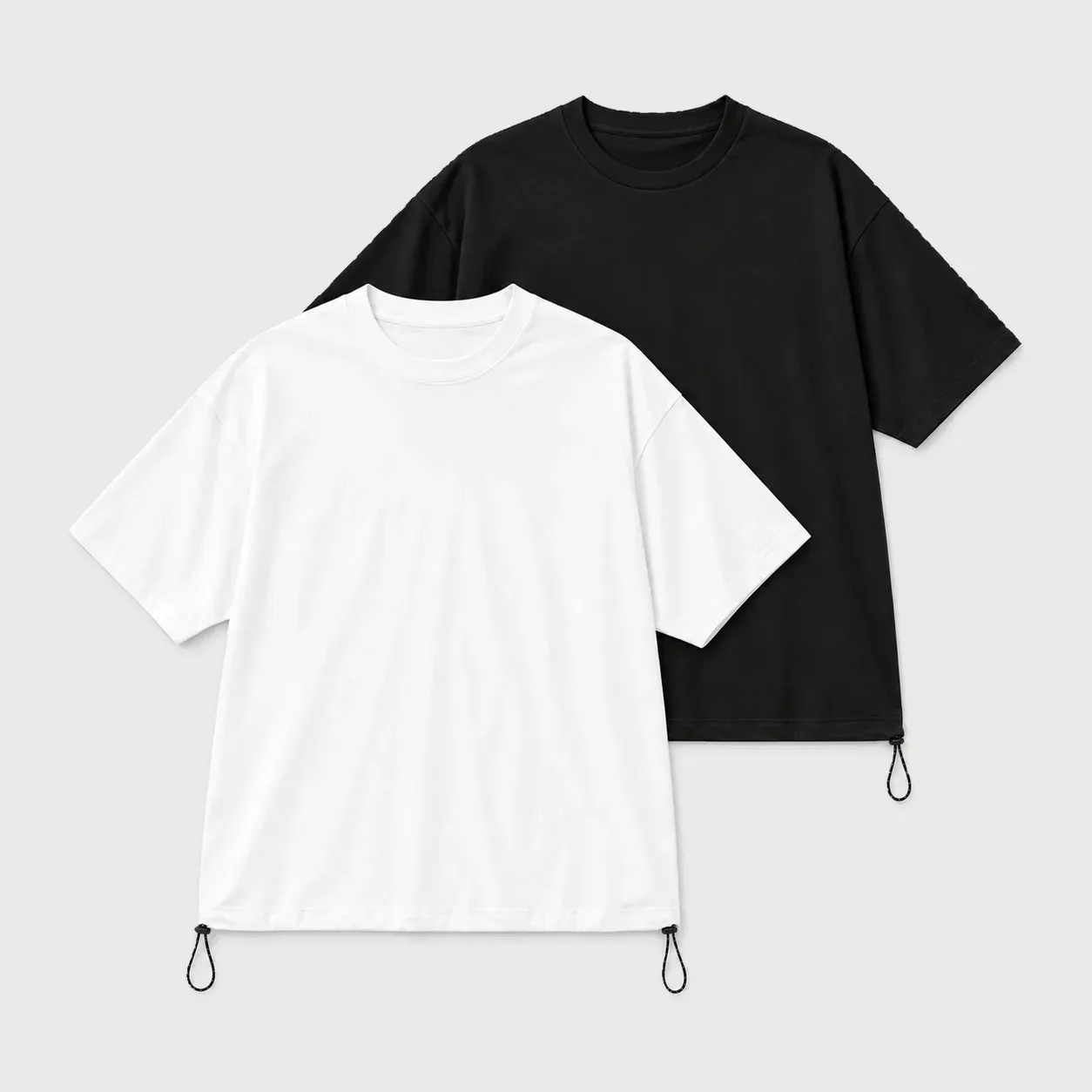 White and black drawstring hem t-shirts layered together