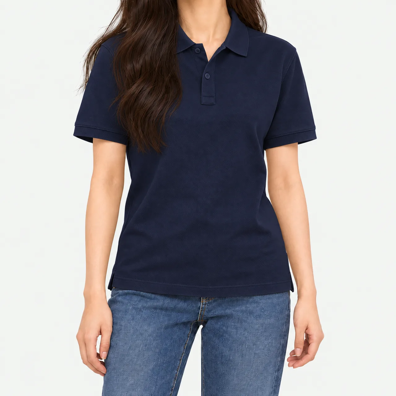 Front view of a model wearing a navy side-slit pique polo shirt