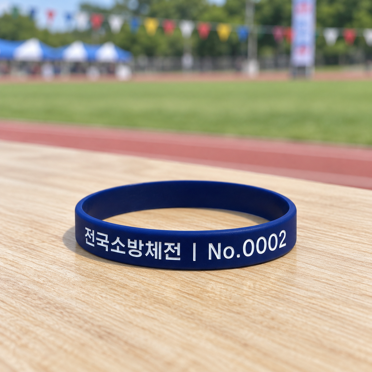 체육대회 운동장을 배경으로 한 손목밴드 번호 각인 디테일