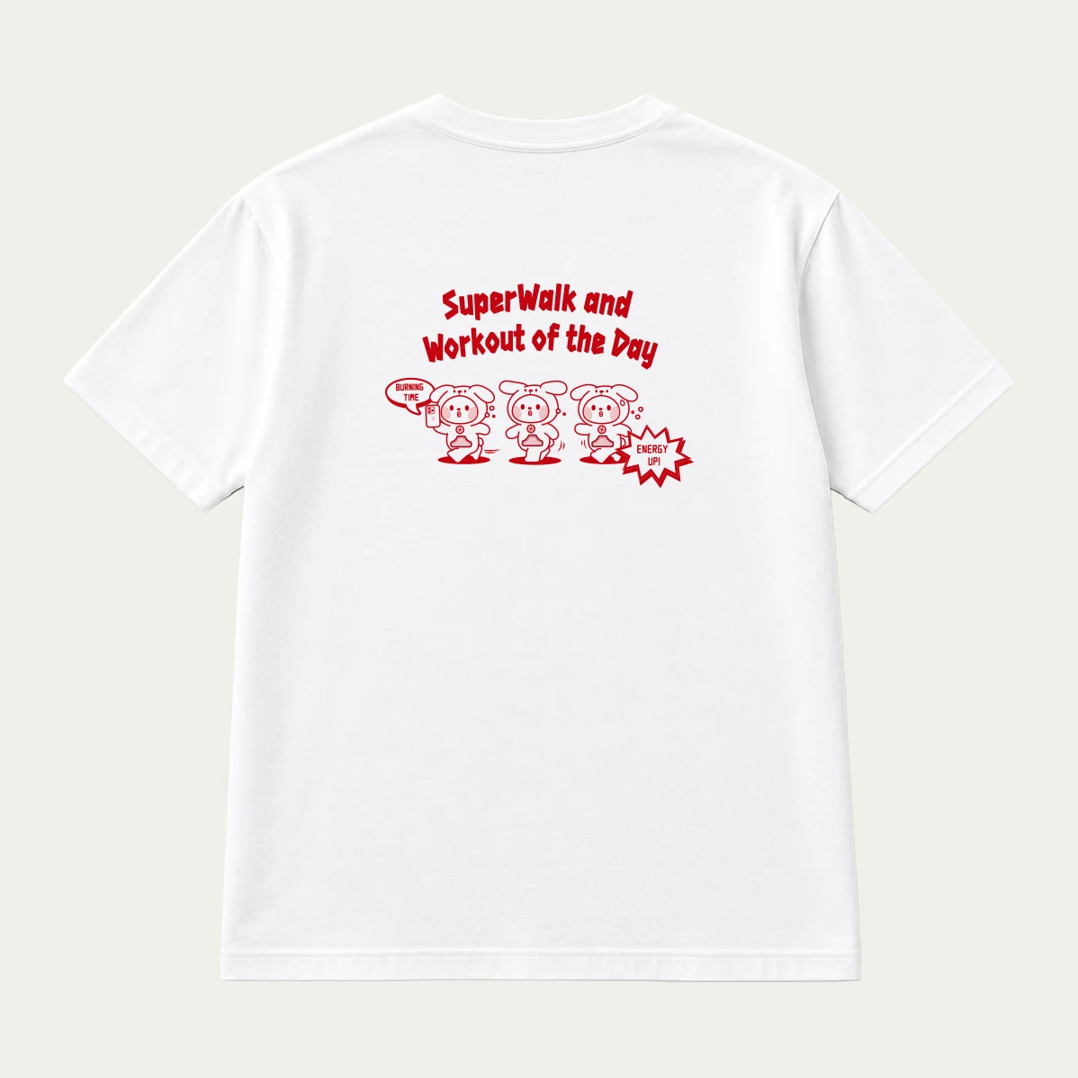 Case study: white T-shirt with lettering and a character printed on the back, print area marked