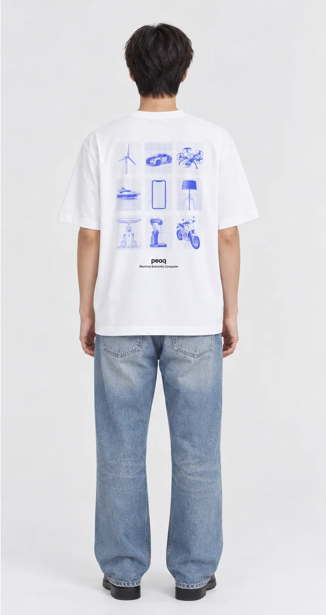 Full-length shot of the same white T-shirt with a large blue graphic printed on the back