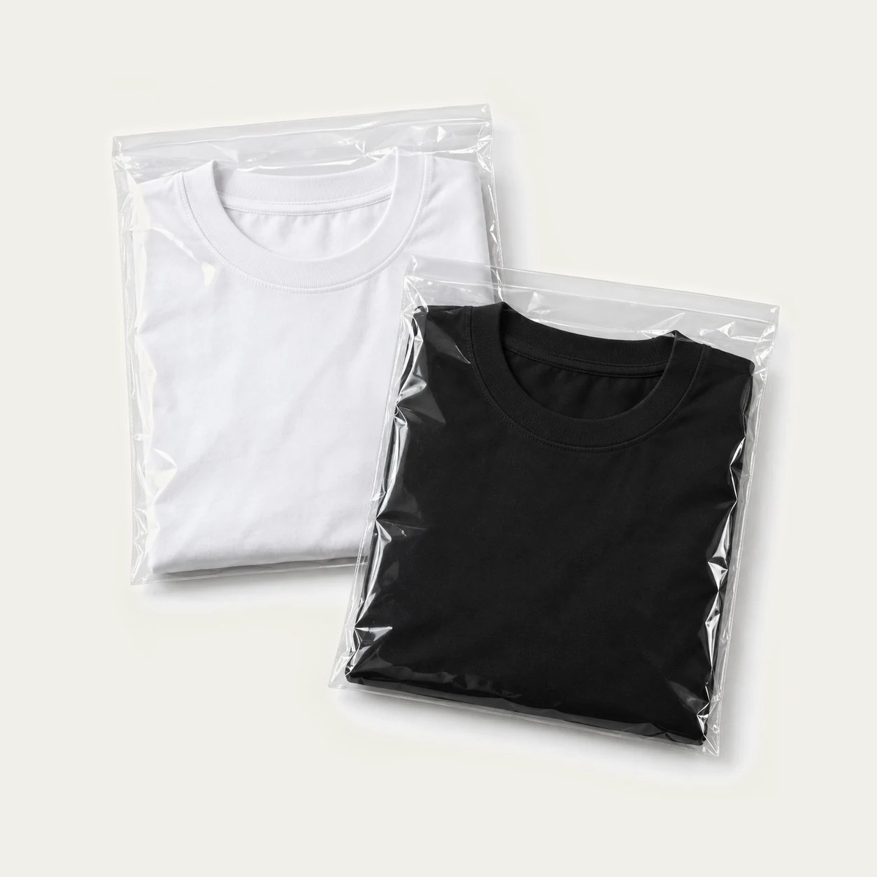 Short-sleeve T-shirts folded one by one into clear OPP zip bags