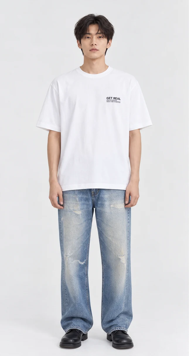 Full-length shot of a white short-sleeve T-shirt with a small logo printed on the left chest