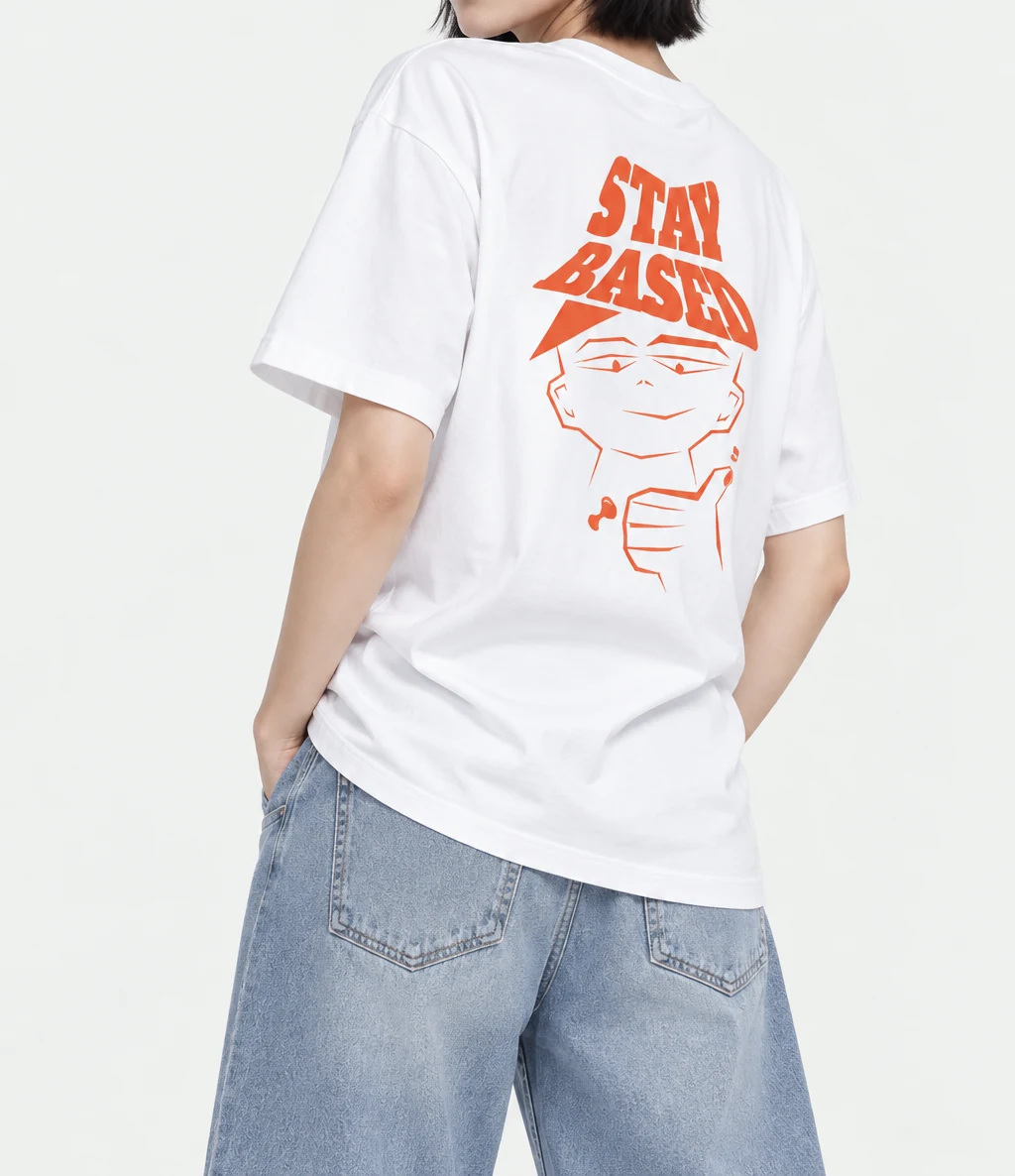 Case study: white short-sleeve T-shirt with orange lettering and a character printed on the back