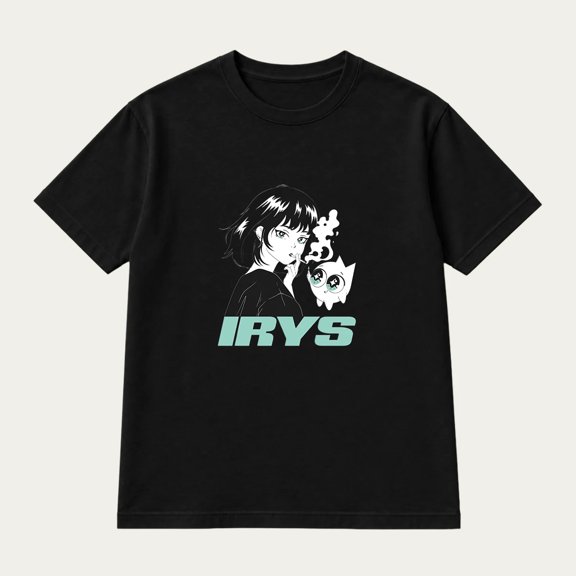 Case study: black T-shirt with a character and lettering printed on the chest, print area marked