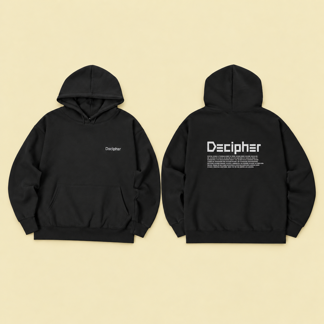 Case study: front and back of a black Decipher 2026 hoodie