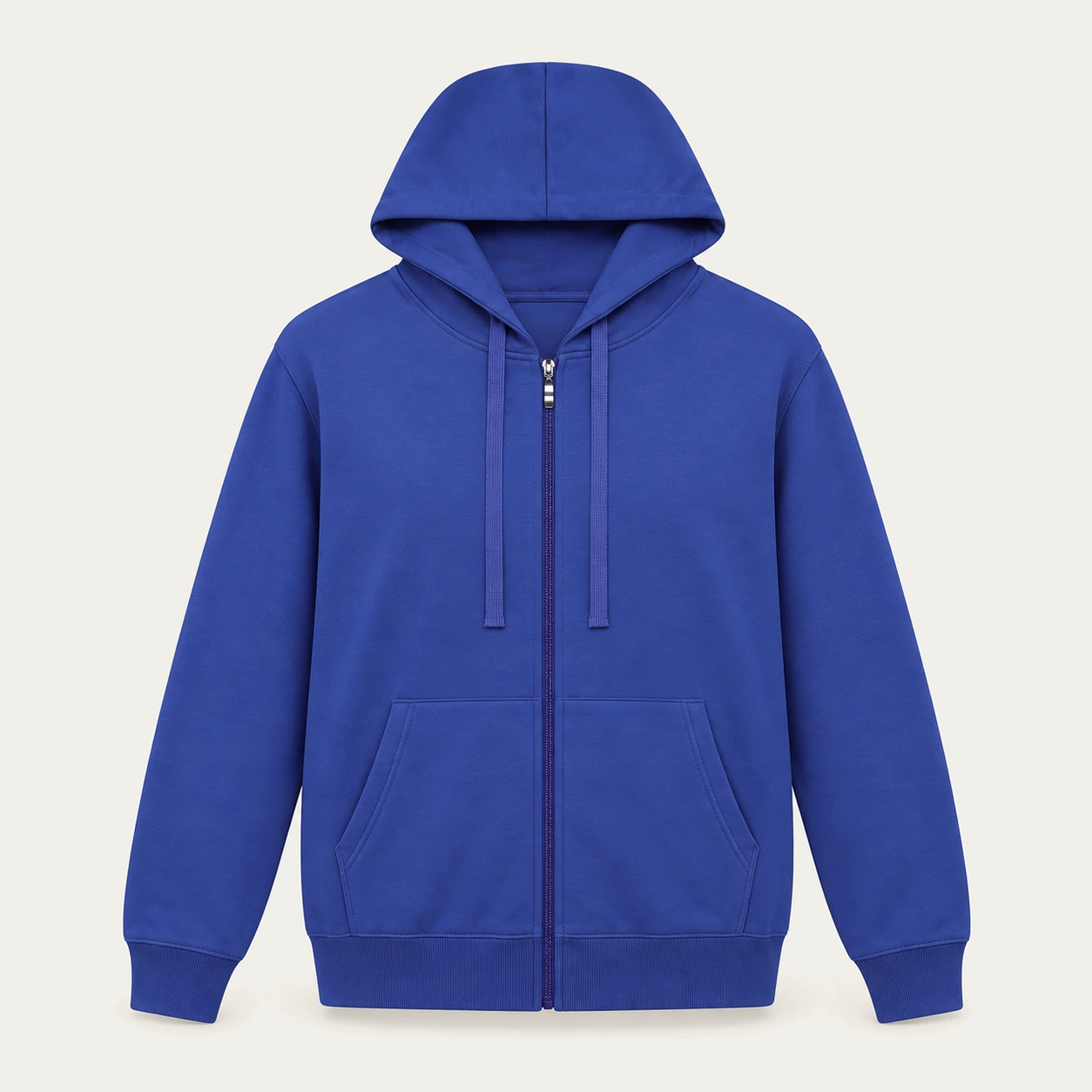 Cobalt blue light zip-up hoodie, front