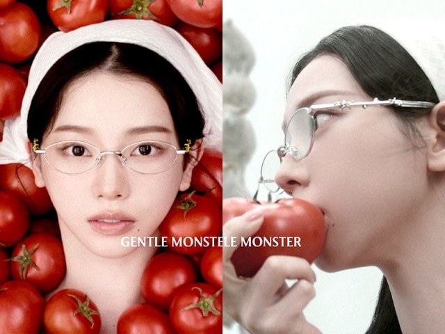 젠틀몬스터 베지 컬렉션 캠페인 컷, 토마토 사이에서 토마토 꼭지 안경을 쓴 모델